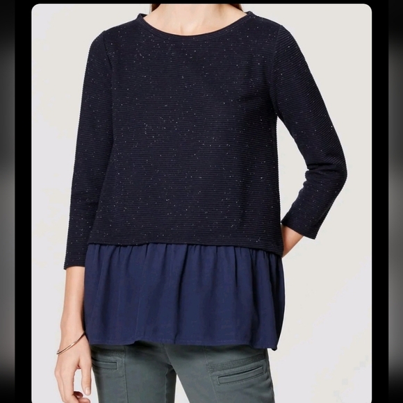 Loft Flecked Multi Media Top Ribbed Sweater Flouncy Sheer Bottom Spring Top - Picture 9 of 13